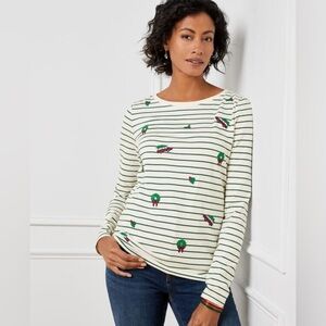 Talbots Embroidered Bateau Neck Christmas Striped Tee Cars ( Size S)